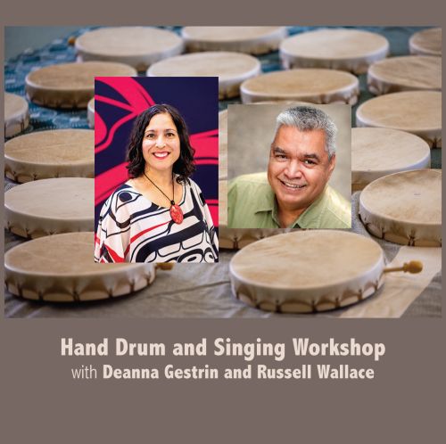Hand Drums laid on the floor with photos of Deanna Gestrin and Russell Wallace