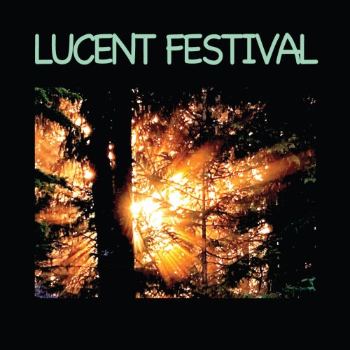 A dark tree with orange light behind - with green text - LUCENT Festival