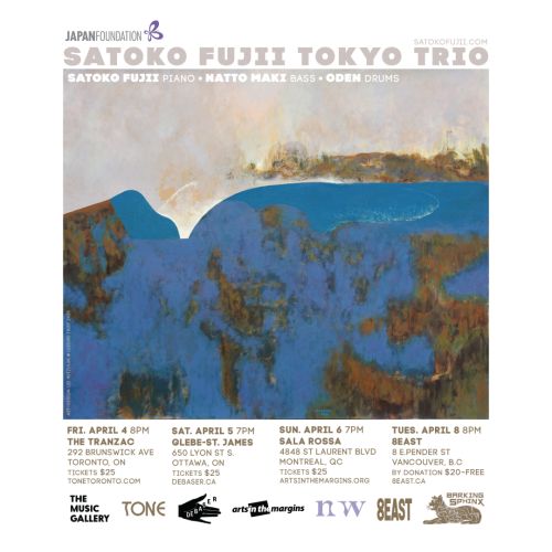 Satoko Fuji Tokyo Trio reads in grey letters above a blue, brown, and grey abstracted landscape
