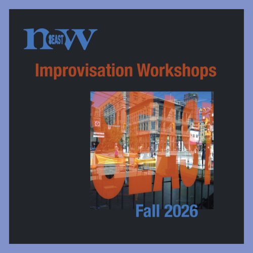 Improvisation Workshops in Orange Text with a photo of 8EAST's logo on the front window