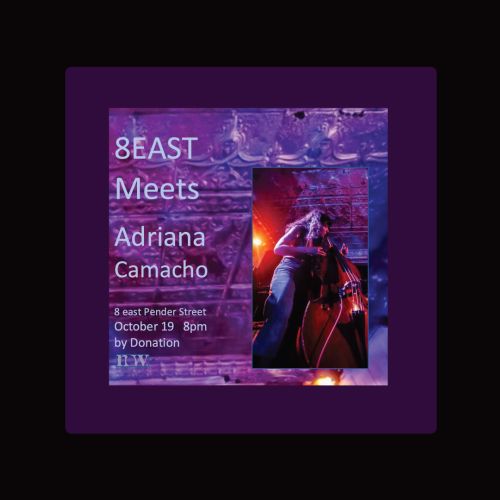 photo of Adriana Camacho playing the bass against an abstract background and 