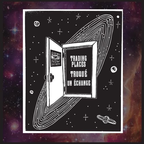open book with trading places: Trueque: Un Échange text in a cosmic scene