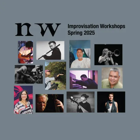 In black text NOW Spring Workshops 2025 with the facilitators headshots in a grid