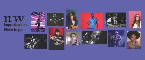 Workshop Facilitators in a collaged grid with the NOW Logo next to the words Improvisation Workshops Spring 2025