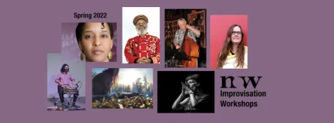 Workshop Facilitators in a collaged grid with the NOW Logo next to the words Improvisation Workshops Spring 2025