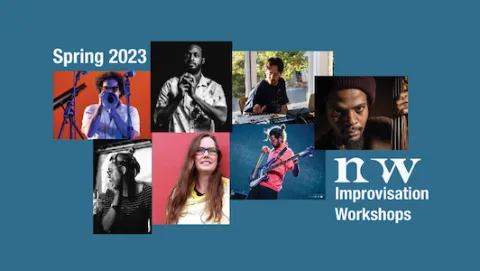 Workshop Facilitators in a collaged grid with the NOW Logo next to the words Improvisation Workshops Spring 2025