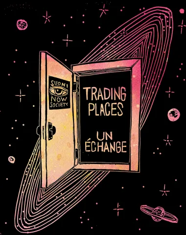 a colourful door with an eye in space stating Trading Places Un Échange