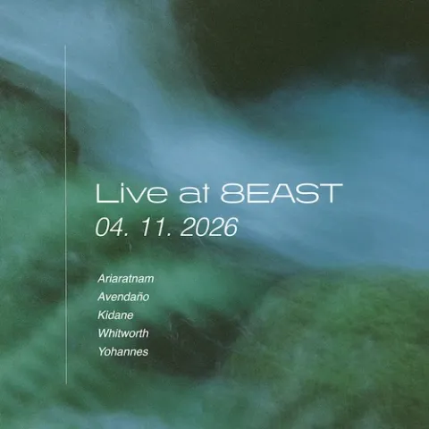 live at 8east text on a unfocused stream and folliage 