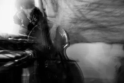 Adriana playing double bassed in a blurry world